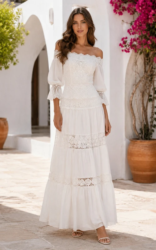Ibicenco Off Shoulder Bell Sleeve Crochet Tiered A Line Beach Wedding Dress