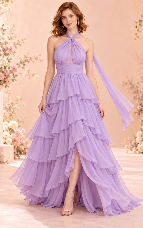 High-low Lavender Twisted Halter Scarf Back Tiered Formal Evening Gown