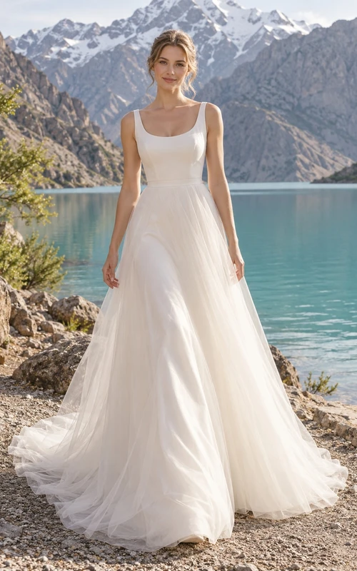 Vestido de novia sencillo sin mangas, con escote redondo y falda fluida de tul en línea A