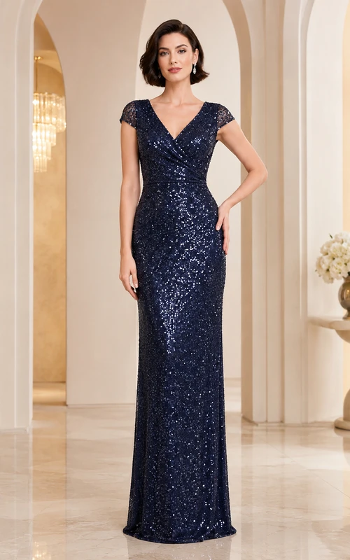 Dunkelblaues Pailletten-Abendkleid mit kurzen Ärmeln