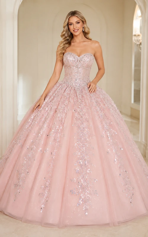 Blushing Pink Silver Luxury Strapless Mirror Sequin Embroidered Quinceanera Princess Ball Gown