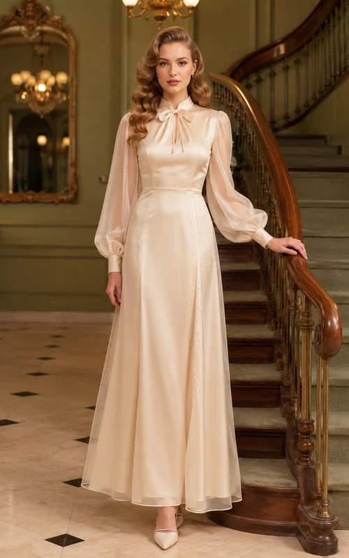 Vestido de satén vintage de cuello alto y mangas estilo poeta para fugarse a un hotel.
