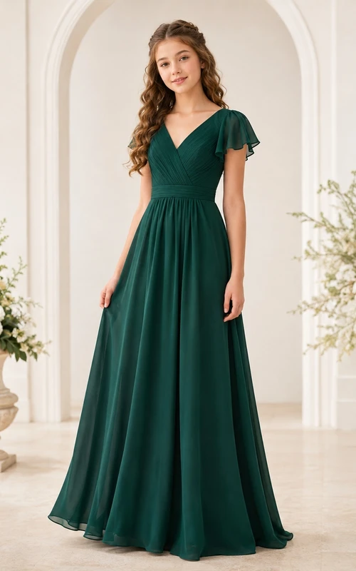 Vestido de dama de honor juvenil verde esmeralda, corte en A, escote en V, manga corta, elegante y formal.