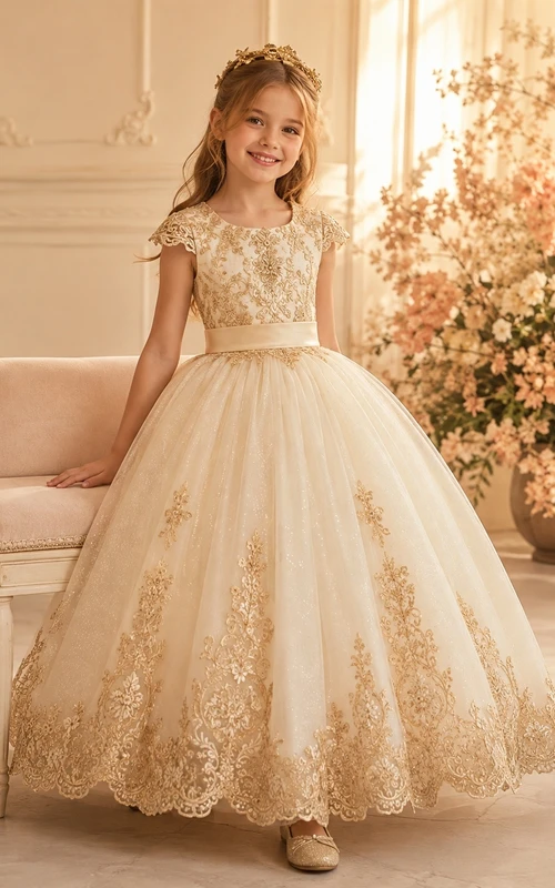 Cream Floral Tulle Cap Sleeve Flowergirl Ball Gown Dress