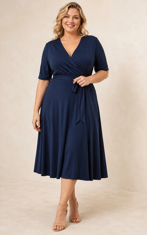 Robe d'invitée grande taille, coupe trapèze, col V, manches courtes, jersey bleu marine foncé