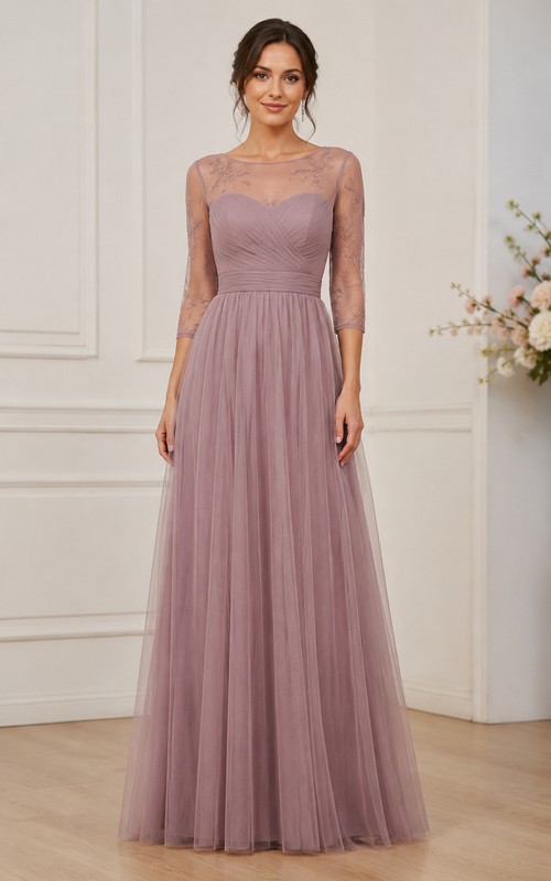 3 4 sleeve illusion lace and mesh bridesmaid dress Three-Quarter Dresses Ideal for formal events