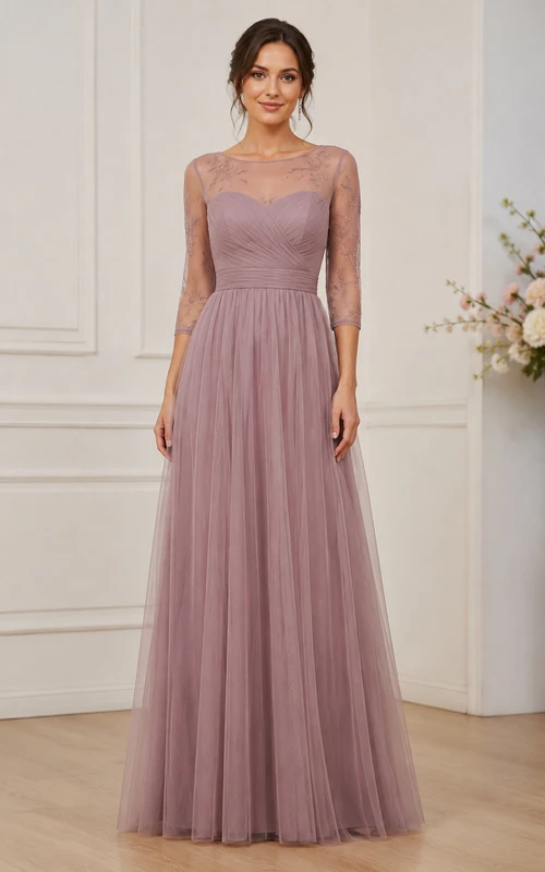 Robe de demoiselle d'honneur en tulle et dentelle rose poudré à manches 3/4