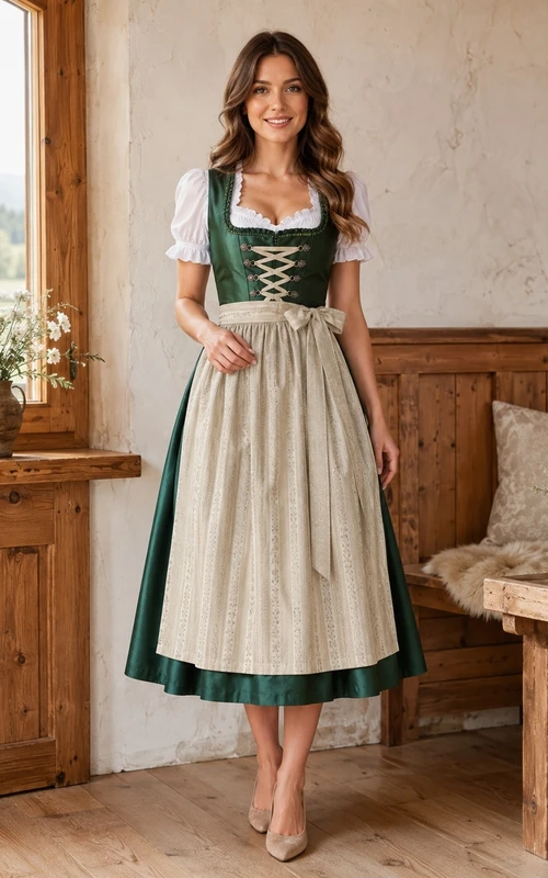Grünes Dirndlkleid im Country-Vintage-Stil mit eckigem Ausschnitt, Teelänge und A-Linie