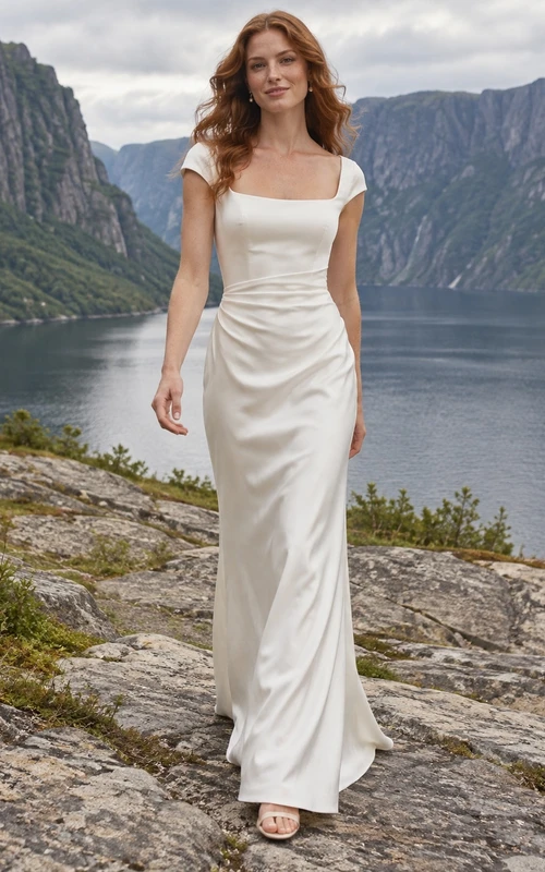 Brautkleid aus Charmeuse mit eckigem Ausschnitt, kurzen Ärmeln, Rückenschlitz und Etuirock
