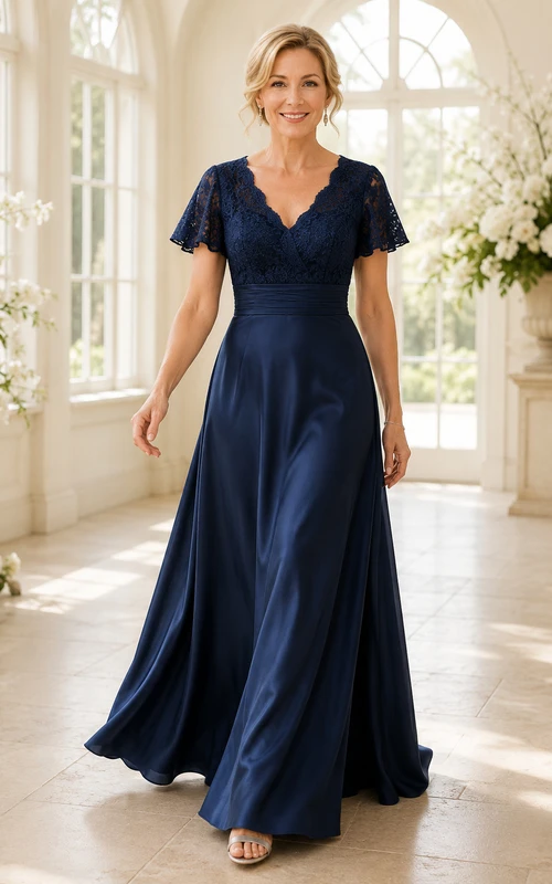 MOB Dress Dark Navy Satin Lace A-Line Short Sleeve V-Neck Floor Length Pleated