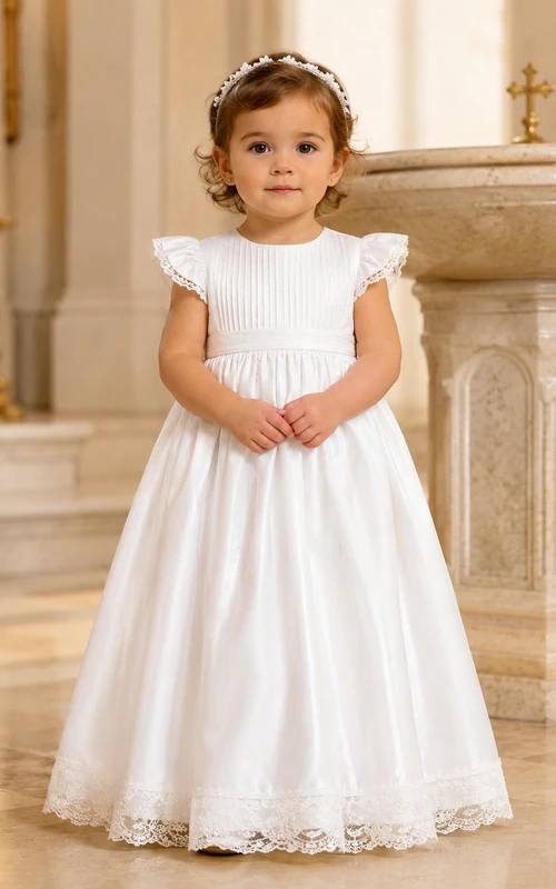 Elegant Church Ceremony Baby Baptism A-Line Cap Sleeve Floor-Length Gown Simple Adorable Satin
