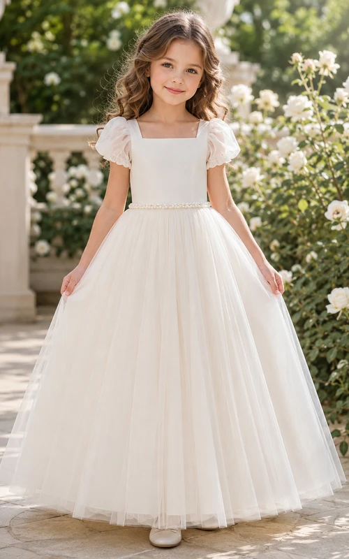 Blumenmädchenkleid, elfenbeinfarben, Tüll, A-Linie, Puffärmel, eckiger Ausschnitt, Teelänge, plissiert