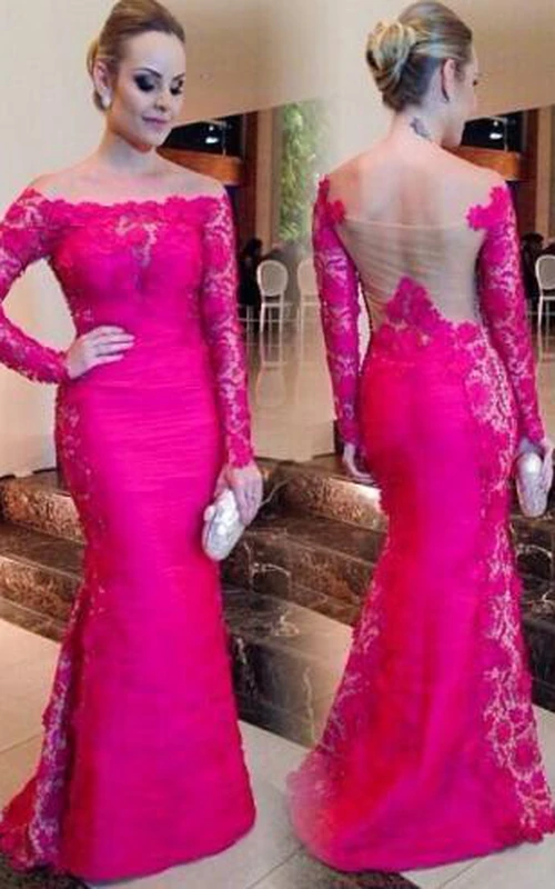 Neuestes fuchsiafarbenes Meerjungfrauen-Abendkleid mit langen Ärmeln und schulterfreiem Spitzeneinsatz