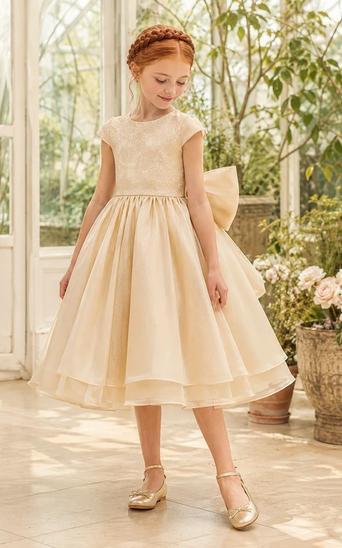 Bow Back Tulle A-Line Flower Girl Dress with Jewel Neck and Tea-Length Skirt