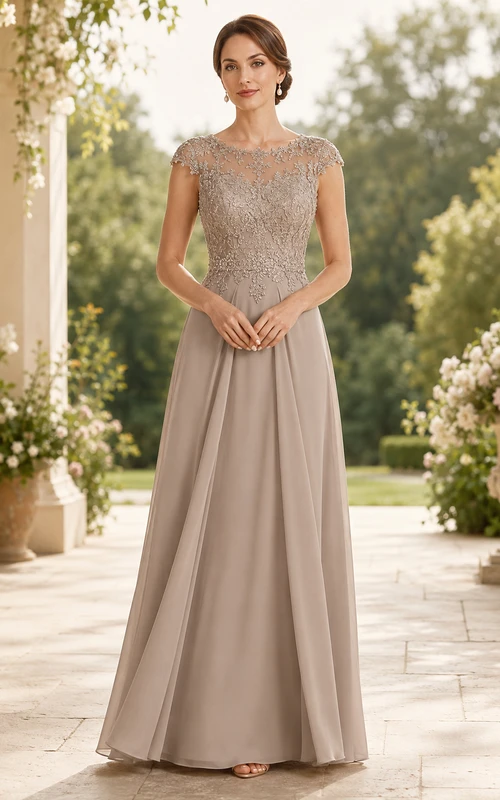 Taupefarbenes Chiffon-Kleid in A-Linie mit Spitzenoberteil und kurzen Ärmeln