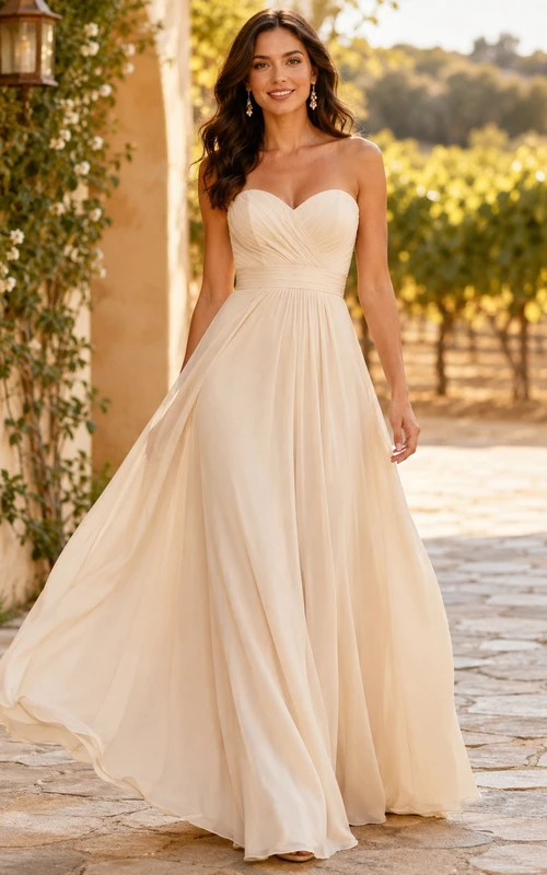 Robe de demoiselle d'honneur romantique bustier en mousseline champagne coupe trapèze, décolleté cœur