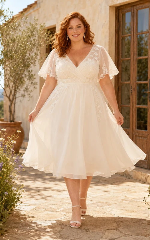 Plus Size V-Neck Short Sleeve Tulle Tea-Length Wedding Dress