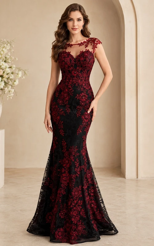 Schwarzes, rotes, florales Spitzenkleid mit kurzen Ärmeln, Meerjungfrauen-Stil, bodenlang und mit Schleppe