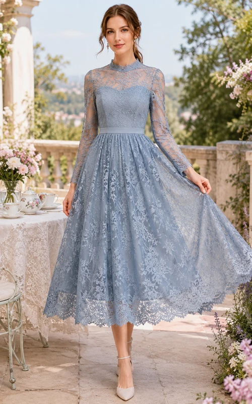 Dusty Blue Illusion Long Sleeve Lace Tea Length Dress