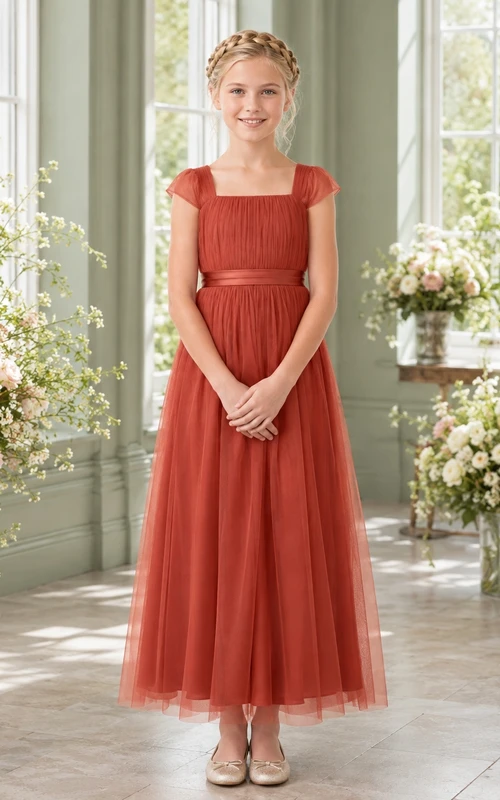 Vestido de dama de honor juvenil color bermellón, corte en A, largo hasta el suelo, manga corta cuadrada, detalle de gorro, estilo romántico.
