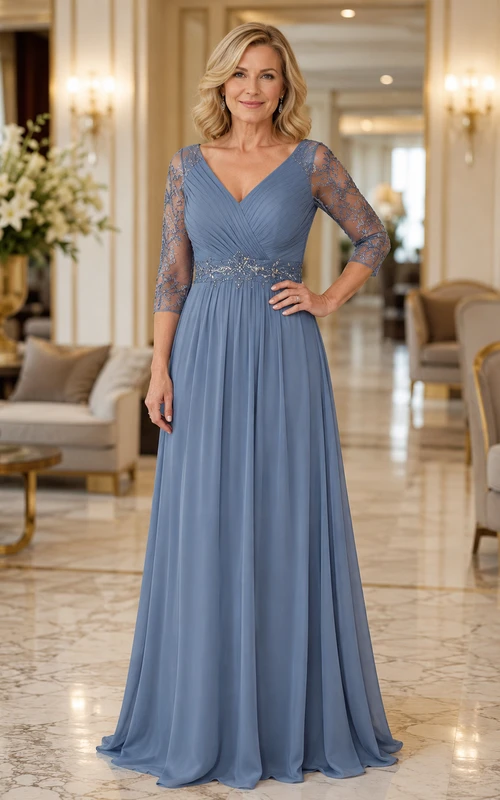 Vestido de maternidad de gasa de encaje, corte en A, largo hasta el suelo, con escote en V y mangas ilusión, color azul acero discreto.