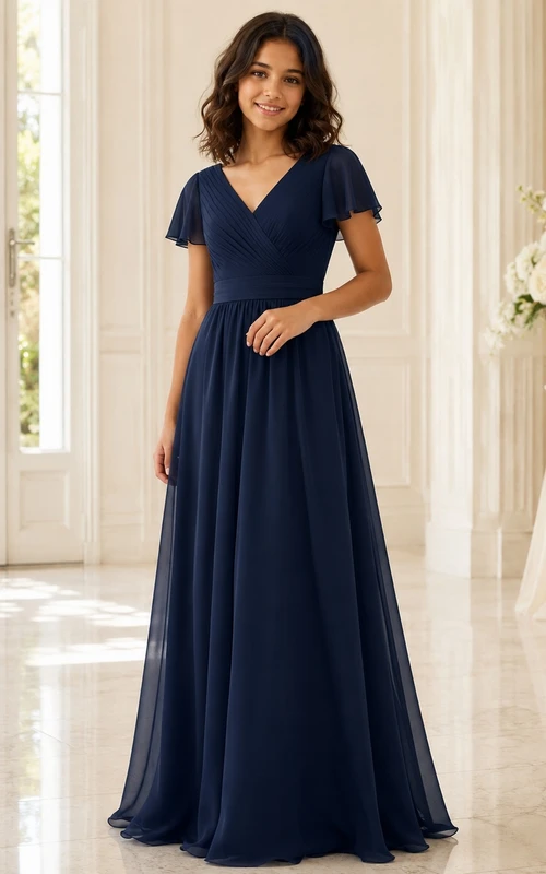 Dunkelblaues Brautjungfernkleid für junge Damen, A-Linie, V-Ausschnitt, kurze Ärmel, aus elegantem Chiffon mit Blütenblattmuster