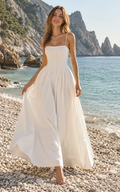 Vestido de novia informal de popelina de algodón para playa, corte en A, escote cuadrado, largo hasta los tobillos y tirantes cruzados en la espalda.