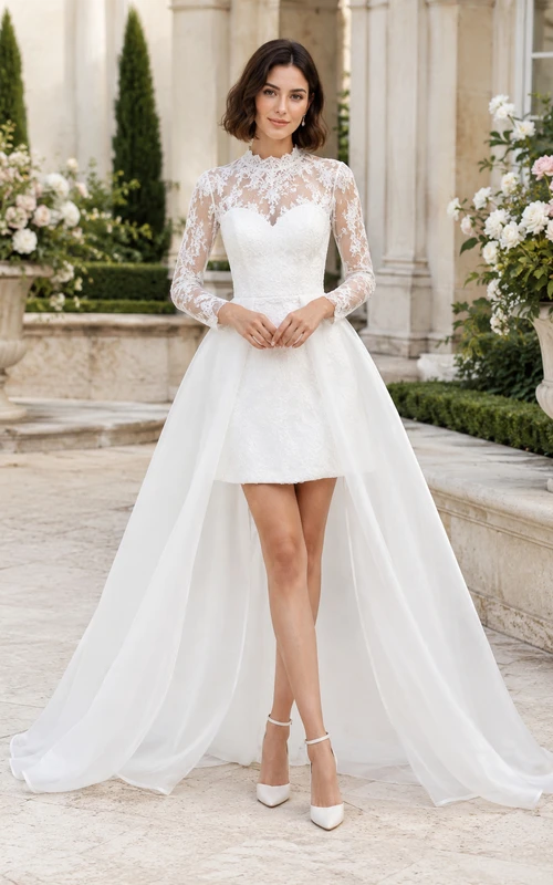 Robe de mariée courte en dentelle à manches longues avec traîne en tulle amovible