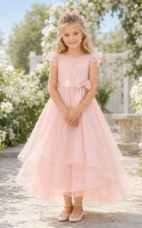 Vestido de niña de las flores, color rosa empolvado, tul, corte en A, manga corta, cuello joya, largo midi, detalle de lazo.