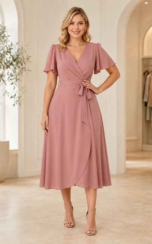 Rosafarbenes, wadenlanges Chiffon-Empfangskleid mit flatternden Ärmeln in A-Linie und Teelänge