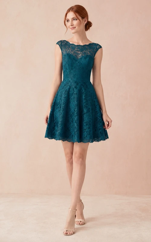 Dunkelgrünes Cocktailkleid aus Spitze mit bedecktem Rücken und transparentem Oberteil