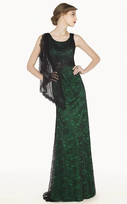 Scoop Neck Sheath Long Allover Lace Prom Dress With Shoulder Side Drape