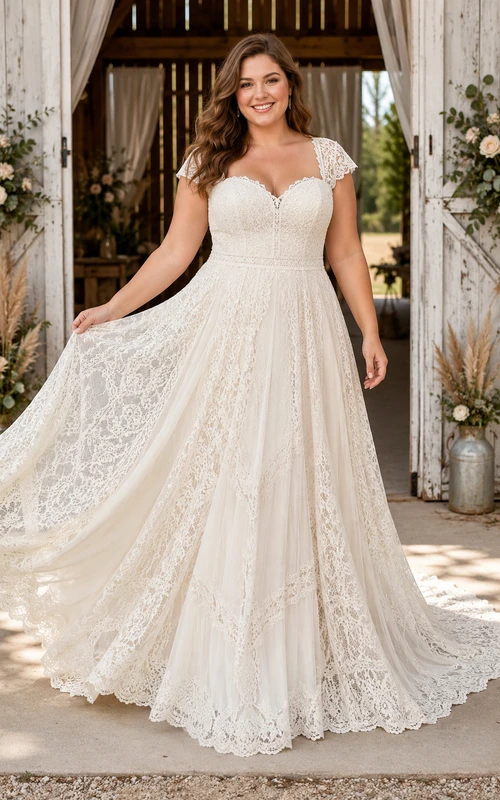 Plus Size Cap Sleeve Lace A-Line Wedding Dress with Full Applique Skirt
