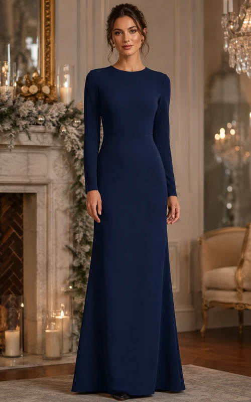 Robe de demoiselle d'honneur fourreau bleu marine foncé à col rond et manches longues