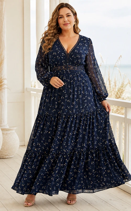 Vestido bohemio largo hasta el suelo, de gasa azul marino oscuro con estampado floral, cuello en V y mangas largas con volantes, talla grande.