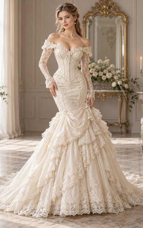 Victorian Mermaid Off Shoulder Long Sleeve Ruffled Lace Wedding Dress