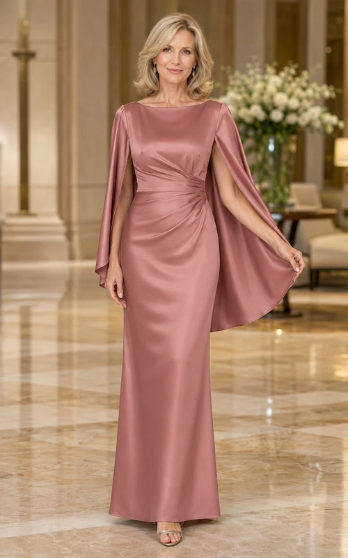 Mutterkleid aus altrosafarbenem Satin mit Cape-Ärmeln