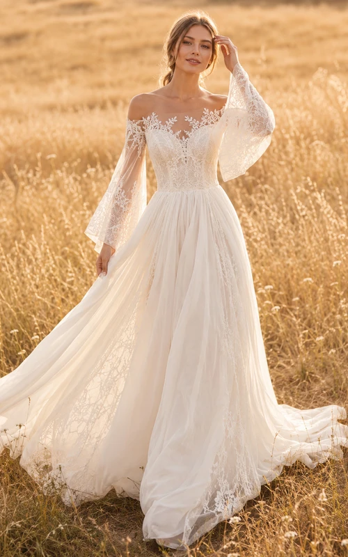 Schulterfreies Brautkleid mit Illusionsspitze und A-Linien-Muster