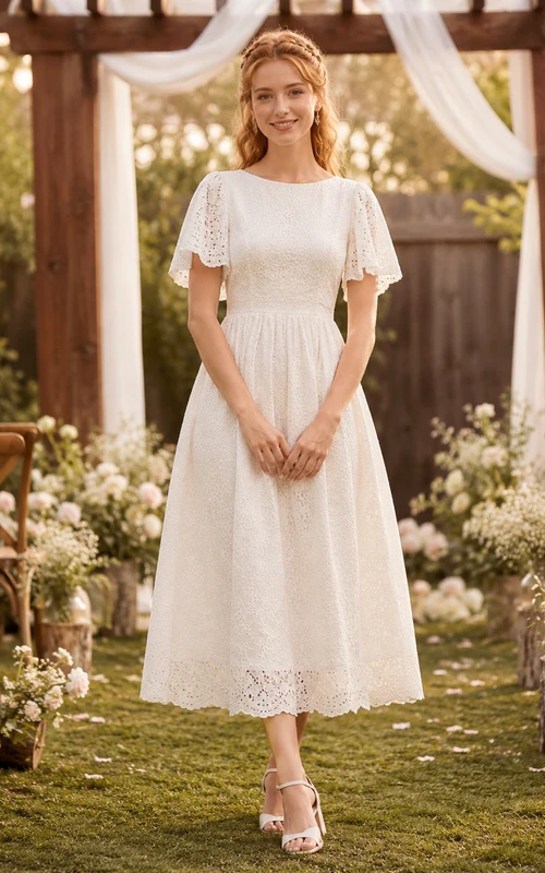 Vestido de novia modesto de manga corta con ojales y largo hasta la rodilla, estilo Backyard