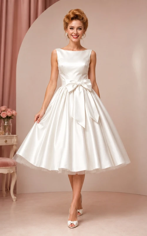 White Satin Square Neck Bow Tea Dress Classic