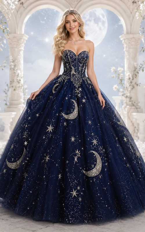 Vestido de gala formal de princesa para quinceañera, azul marino oscuro, plateado, celestial, sin tirantes, luna y estrella