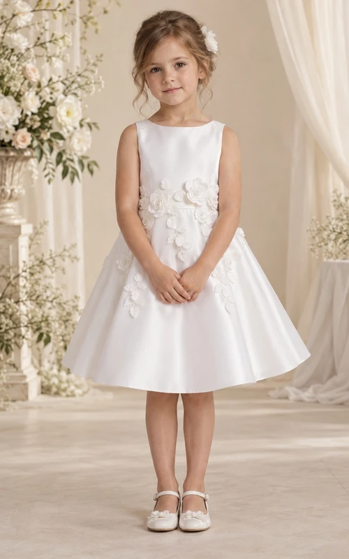 Weißes, knielanges, ärmelloses Blumenmädchenkleid aus Satin in A-Linie mit Blumenmuster
