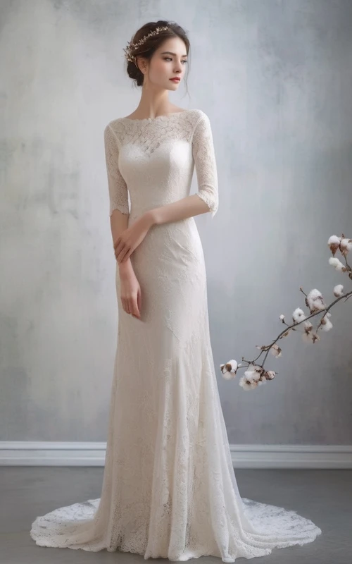 Robe de mariée décontractée en dentelle à manches courtes et col bateau