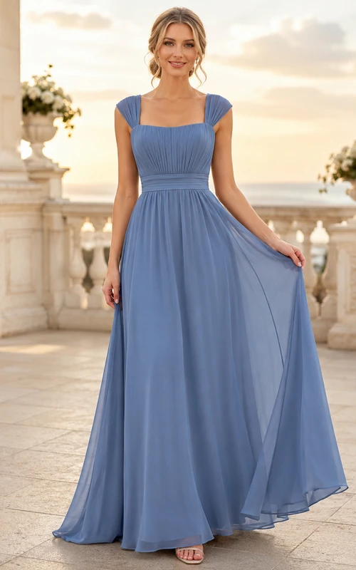 Stahlblaues Chiffon-Abendkleid in A-Linie mit eckigem Ausschnitt