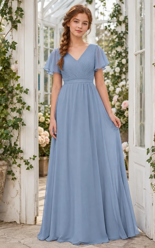 Lavendelfarbenes Brautjungfernkleid für junge Damen, A-Linie, V-Ausschnitt, kurze Blütenblattärmel, Falten-Details, romantisch