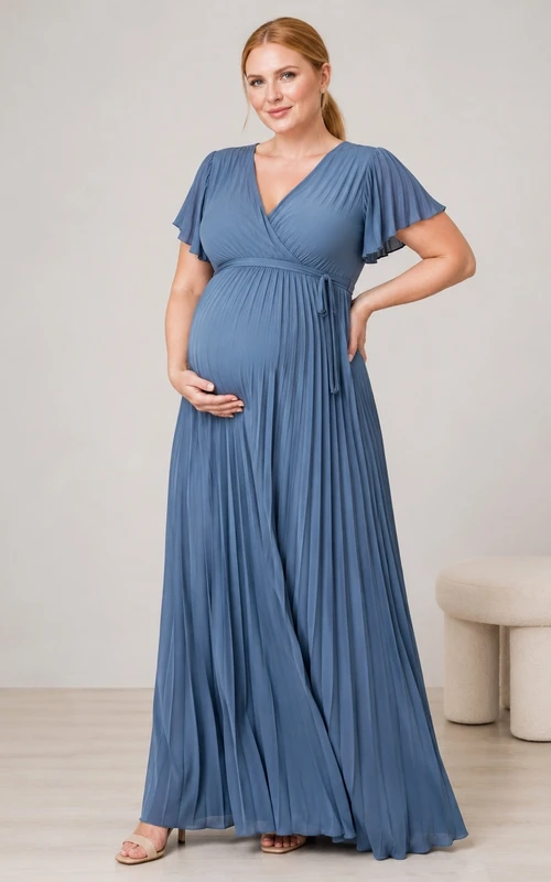 Slate Blue Plus Size Maternity V-Neck Short Sleeve Jersey A-Line Dress