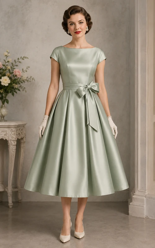 Sage Satin Bow A-Line Tea Dress