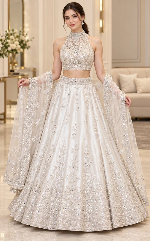 Lehenga deux pièces ivoire à col montant dos nu et sequins, pour une soirée formelle
