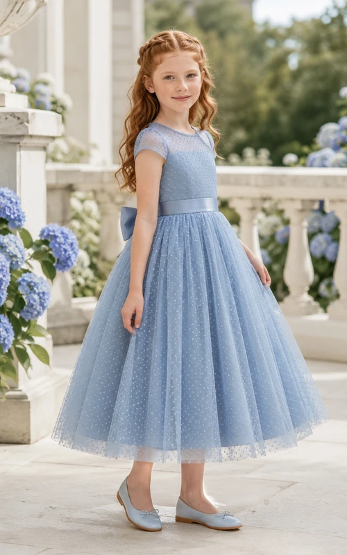 Robe de demoiselle d'honneur mi-longue en tulle bleu acier à pois suisses, col bijou, manches courtes et nœud dans le dos