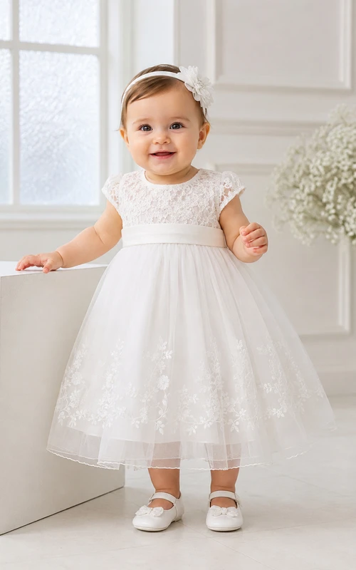 Modern Baby Baptism Christening Ceremony Dress A-Line Tea-Length Jewel Neck Cap Sleeve Tulle Lace Button Back